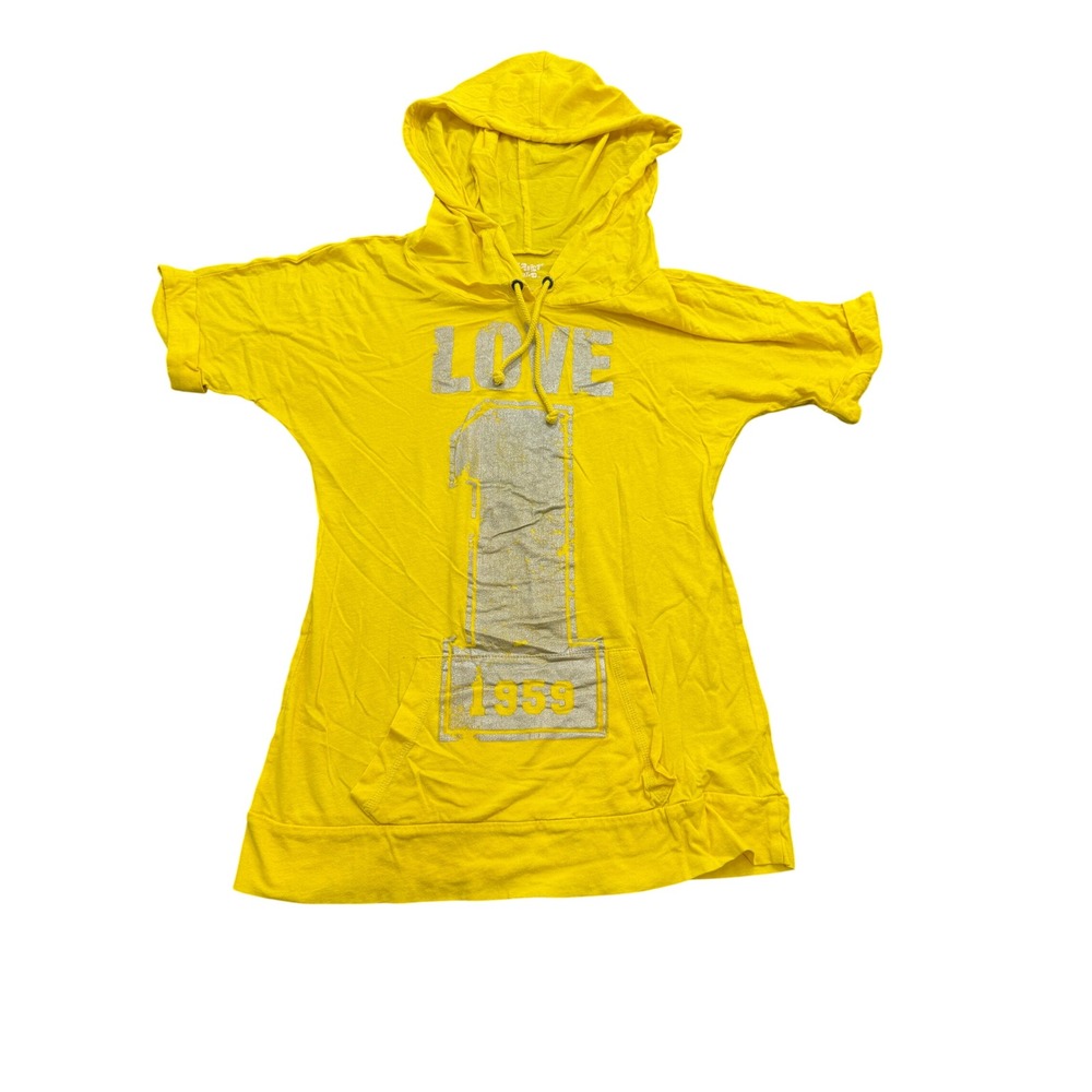 Planet Gold Womens Yellow Love 1959 Graphic Short Sleeve Hoodie T-Shirt Size S